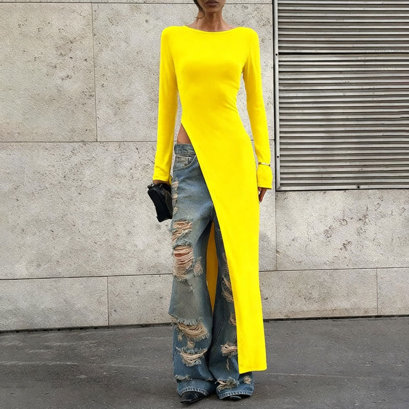 Solid Color Round-neck Long-sleeved Dress Women