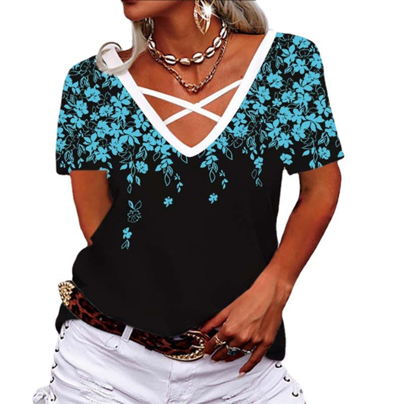 Loose V-neck Cross Printed T-shirt Women's Clothing