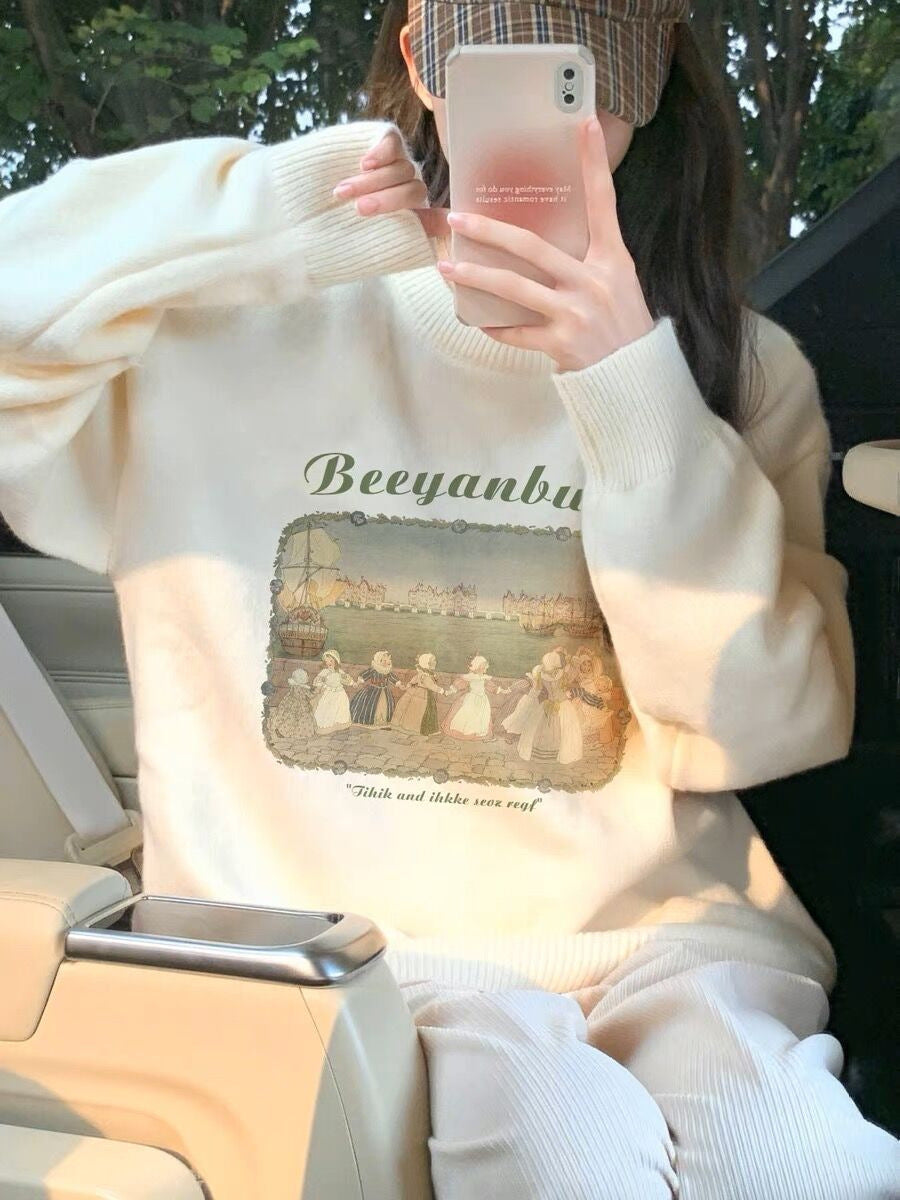 Retro Lazy Pullover Sweater Printed Women's Top