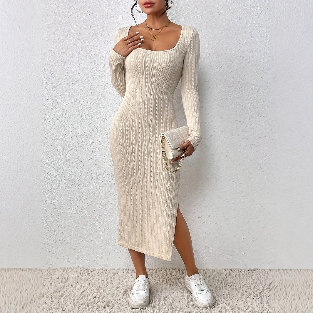 Threaded New Style Square Neckline Defined Waist Slit Long Sleeve Dress For Women