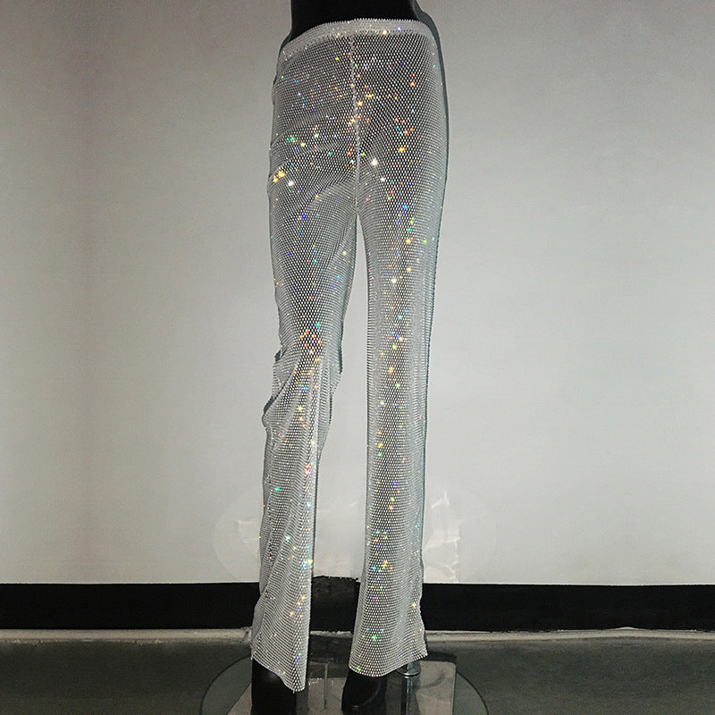 Women's Fashion Straight Rhinestone Fishnet Casual Wide-leg Pants