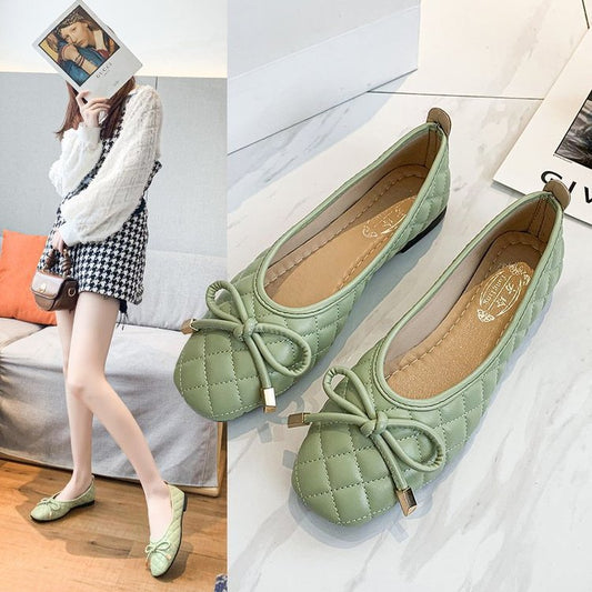 Ladies New Bow Flat Bottom Square Toe Soft Bottom Pumps