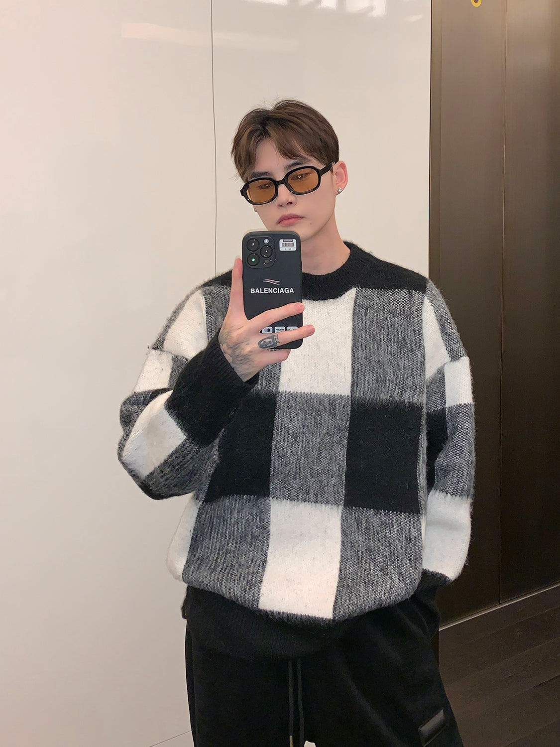 Plaid Color Contrast Crewneck Sweater Men Loose Winter Niche Fashion