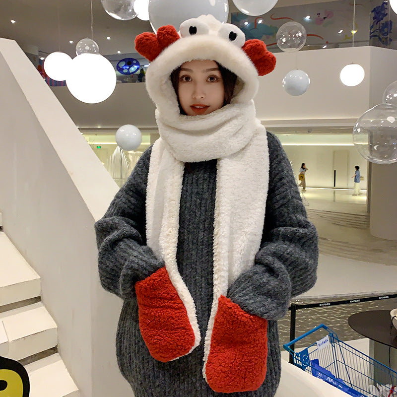 Winter Cute Crab Scarf Gloves Three-in-one Plus Velvet Thickened One-piece Hat