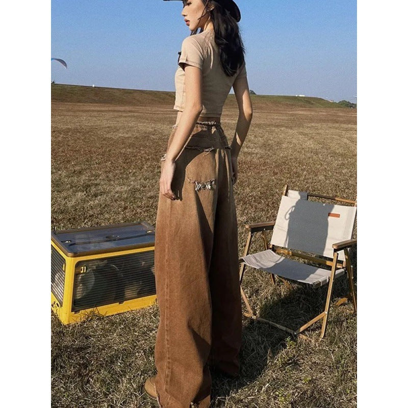 American-style Retro Frayed Design Loose Wide-leg Jeans