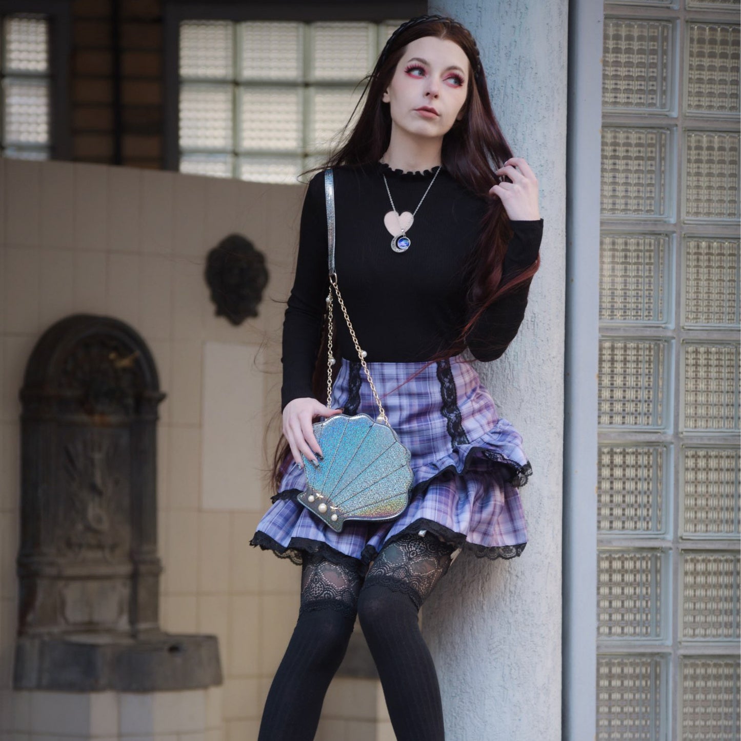 Lace Plaid High Waisted Pleated Skirt