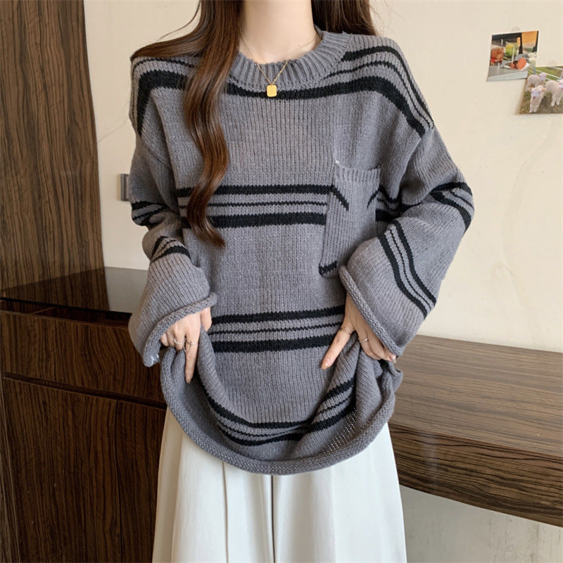 Lazy Sweater Pocket Contrast Color Striped Round Neck Pullover