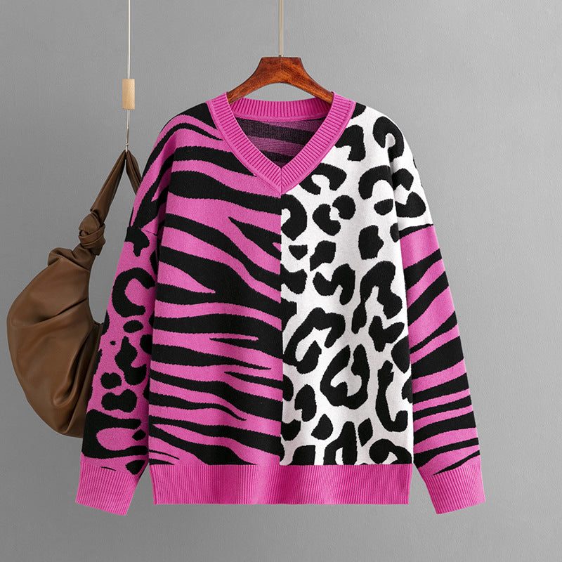 Leopard Splicing Mixed Sweater Pullover