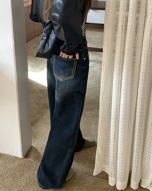 Lavtaljede lige jeans med retro vask og slidt look