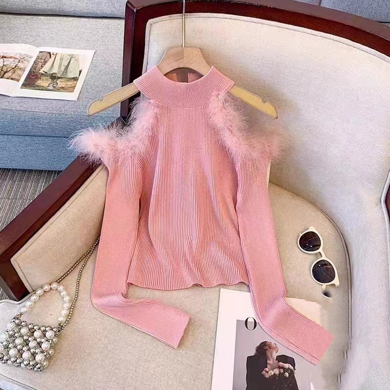 Women's Half-turtleneck Stitching Hollow Out Shoulder-baring Knitwear Top