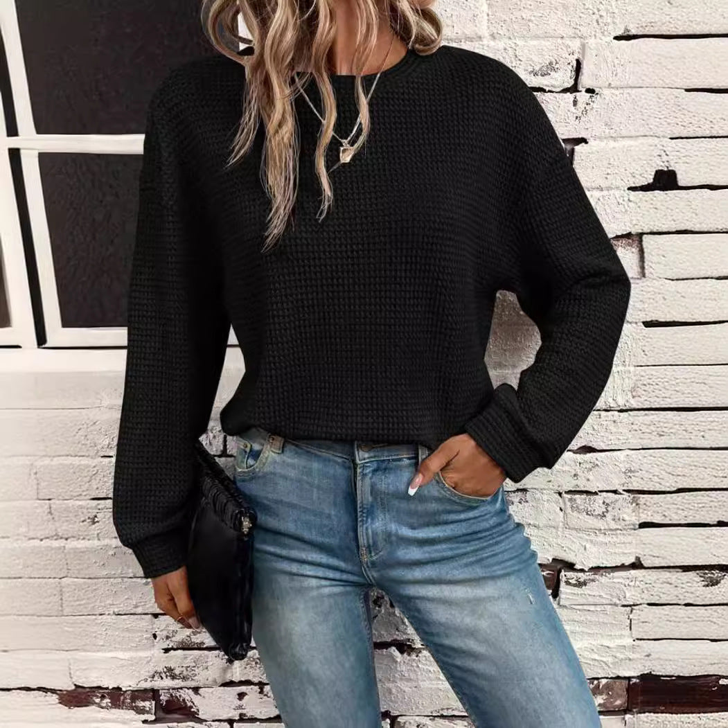 Dame Strikket Rundhals Langærmet Løs Pullover Top