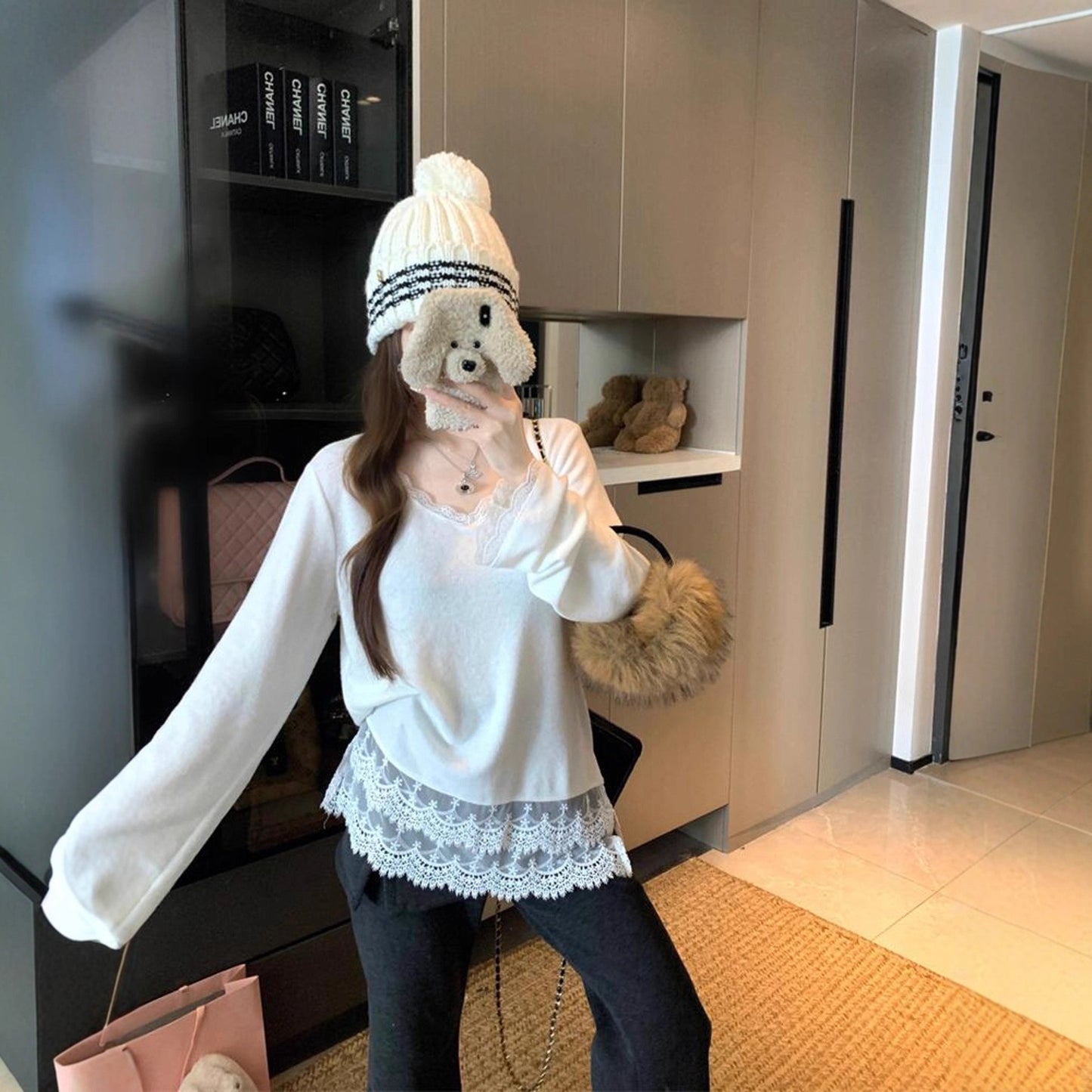 Lace Patchwork Long Sleeve V-neck Loose Stylish Women's Top