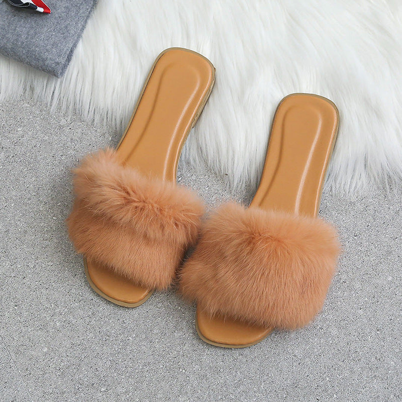 Fashion Rabbit Fur Flat Women's Slippers Plus Size