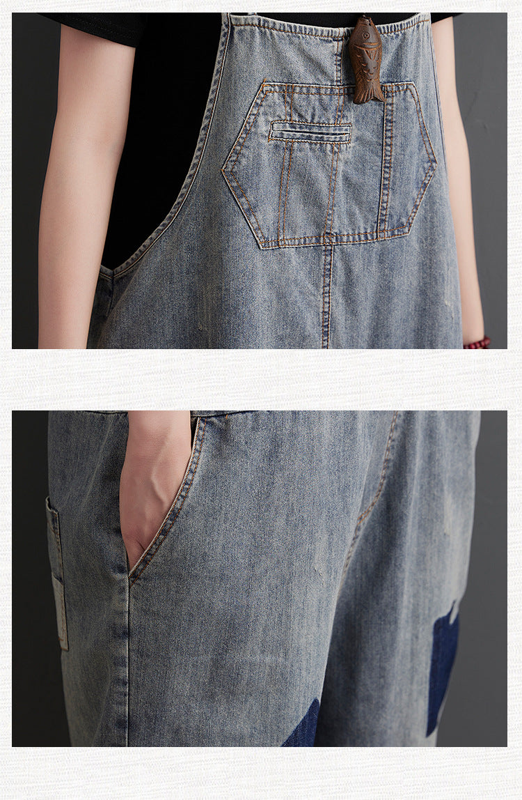 Loose Casual Denim Wide Foot Bib Pants