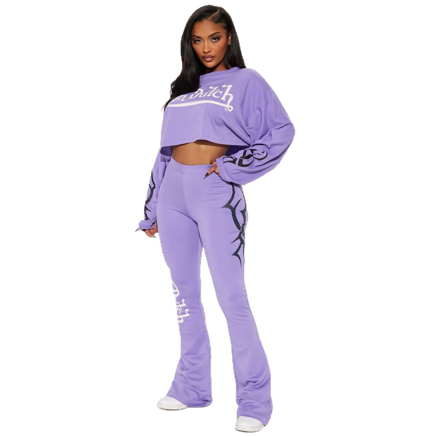 Womens Casual Solid-color Letter-print Cropped Top And Pants Set