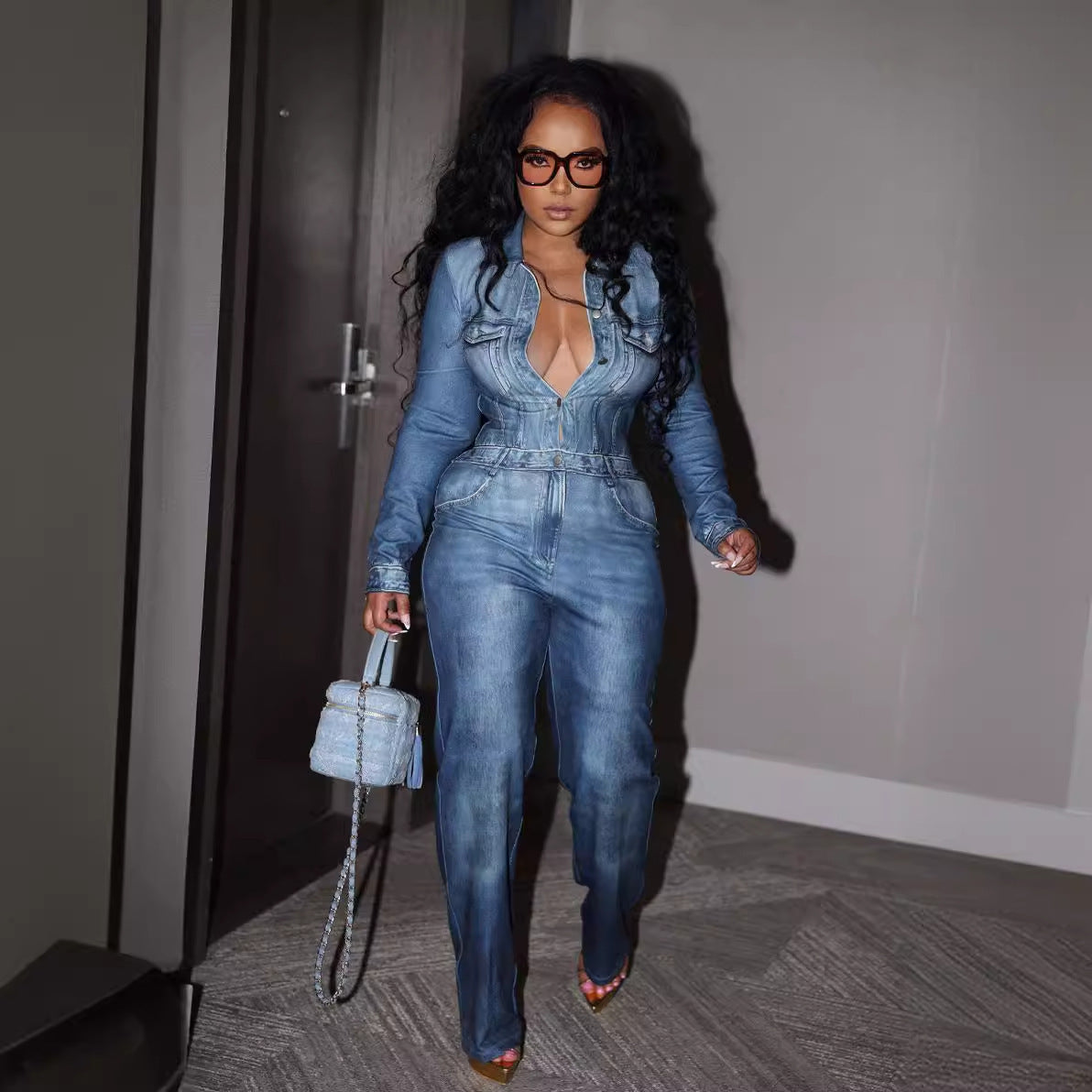 Denim-print Jumpsuit