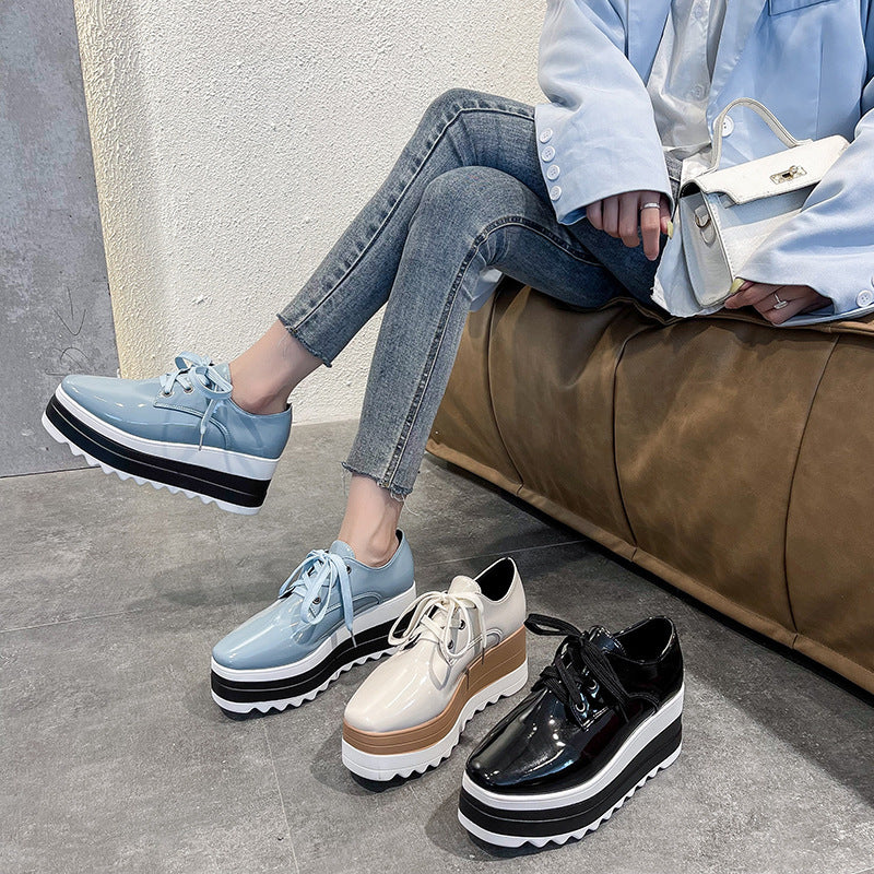 Women's Lace-up Square Toe Patent Leather Platform Shoes