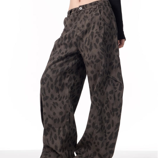 Retro Leopard Jeans Women's Loose Straight Wide-leg Pants