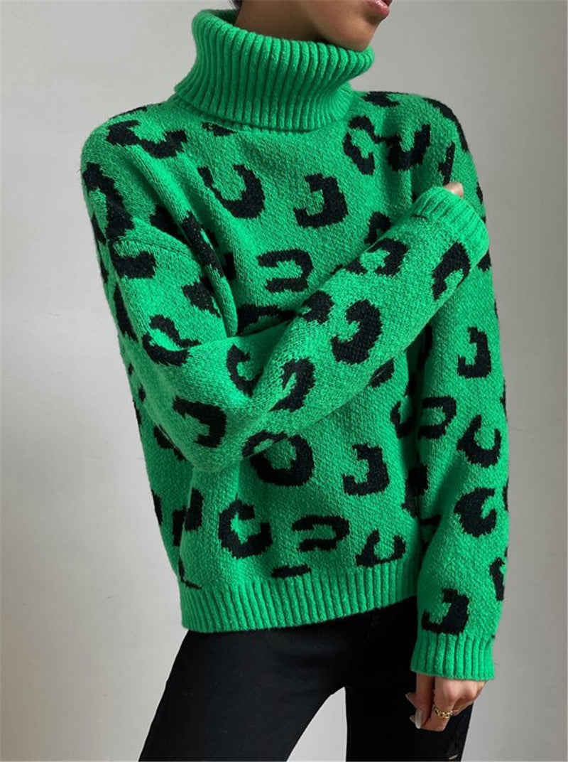 Fallwinter High-neck Pullover Knitted Leopard-print Sweater