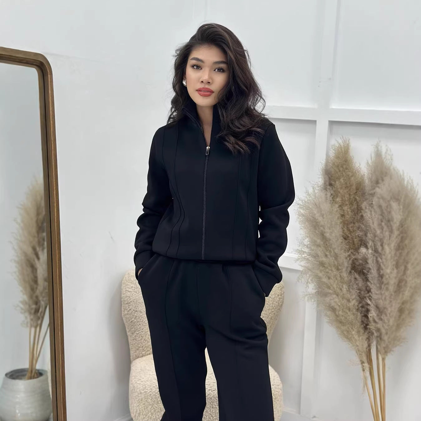 Solid Color Skin Friendly Womens Outerwear Set Featuring A Stand Up Collar And Zipper