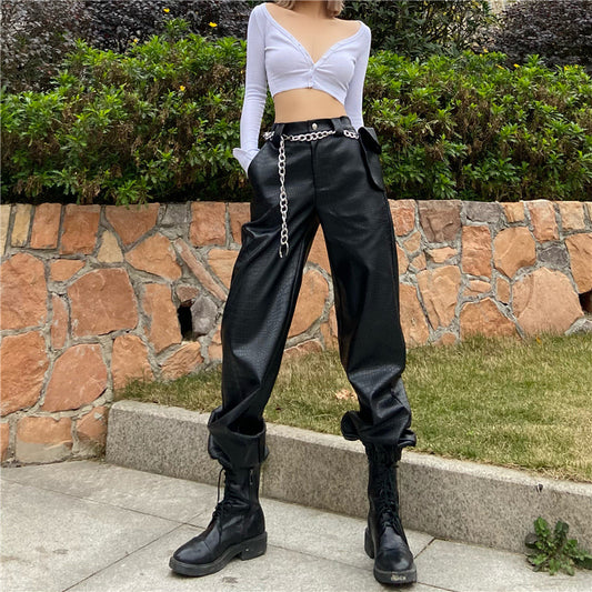 Women's Black Scaly Leather Overalls
