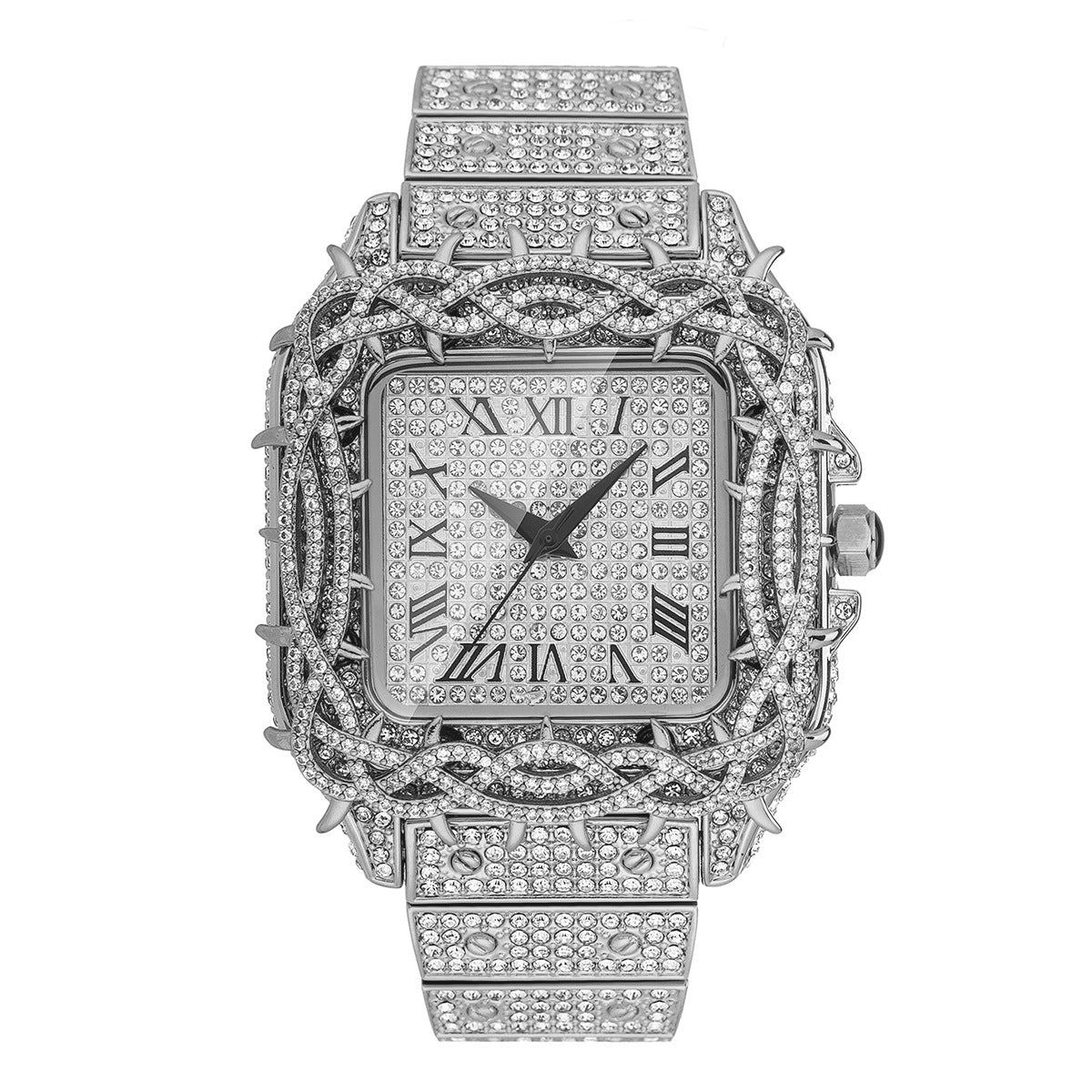 European Hip Hop Ice Watch Thorn Dial Inlaid Zircon Square Full Diamond Men's Quartz Watch
