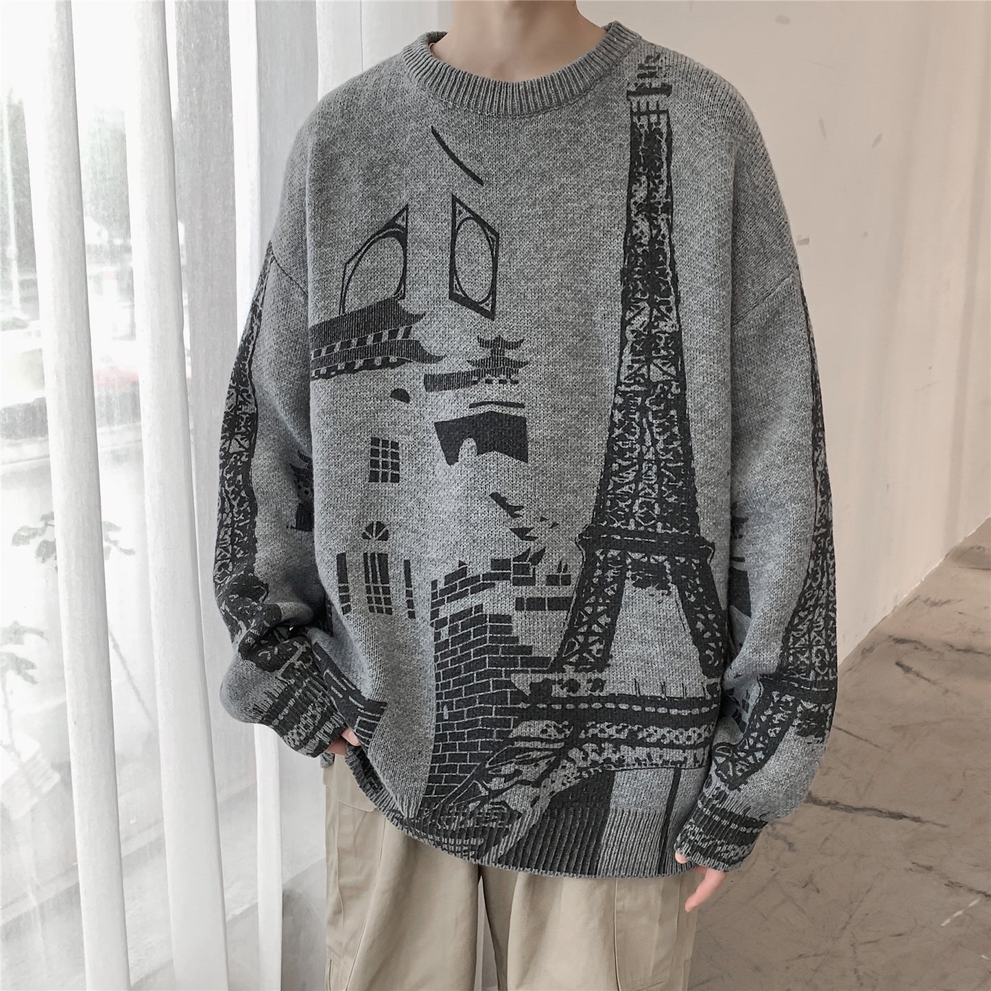 Iron Tower Printed Men's Loose Large Round Neck Sweater