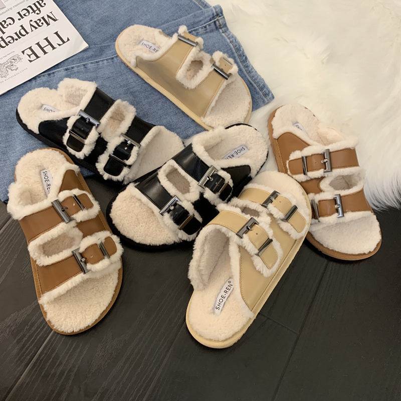 Autumn And Winter Outer Wear One-piece Lamb Wool Sandals