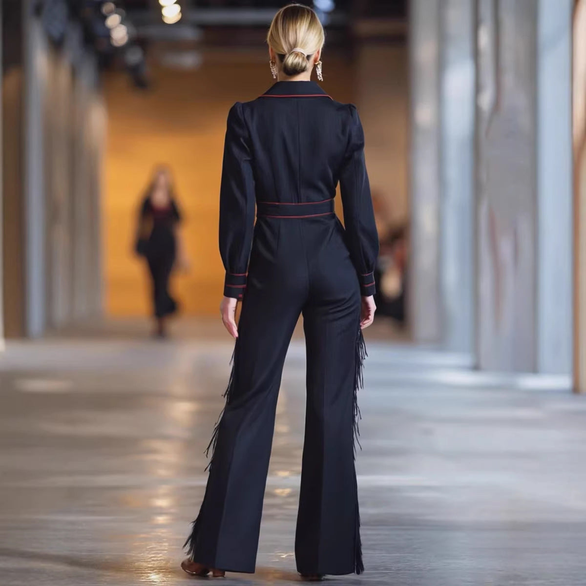 Versatile Long-Sleeve Flared Tassel Jumpsuit