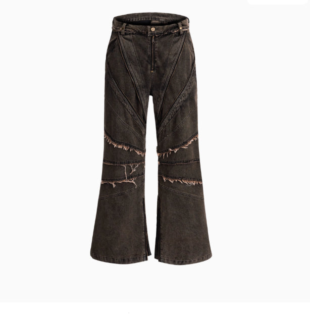 Niche retro-look slidt, vasket denimfrakke med skulderpuder