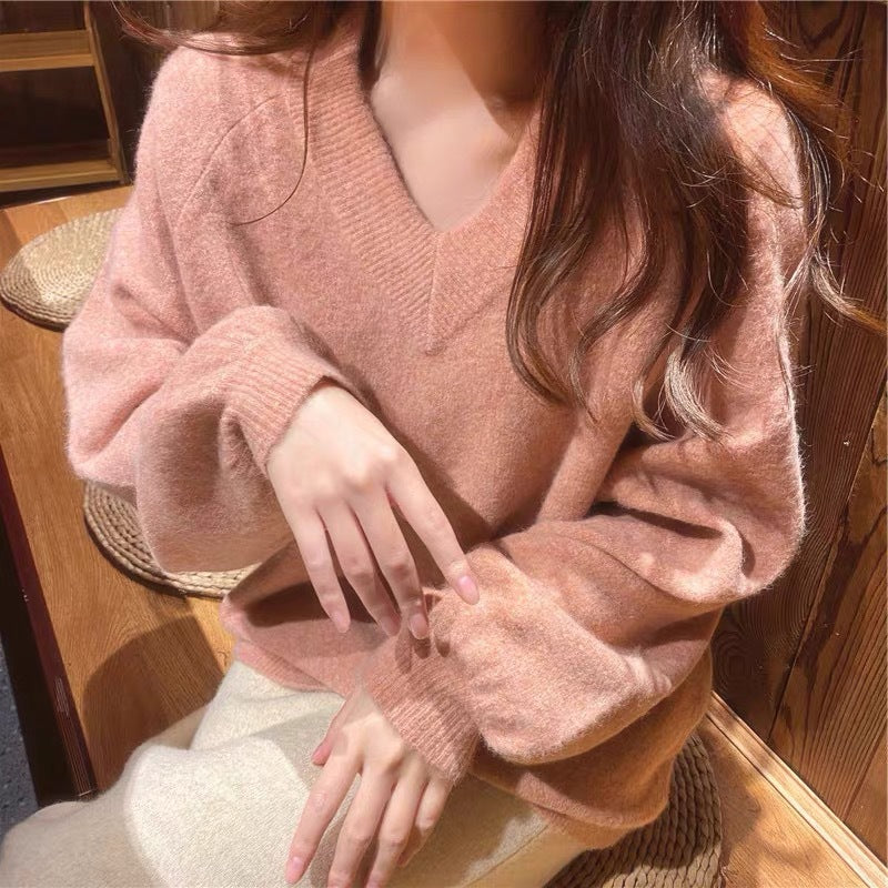 Female Pure Color All-matching Loose V-neck Sweater