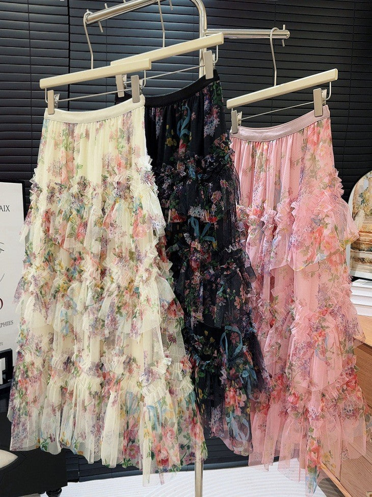 Heavy-duty Spliced Printed Mesh Skirt For Women
