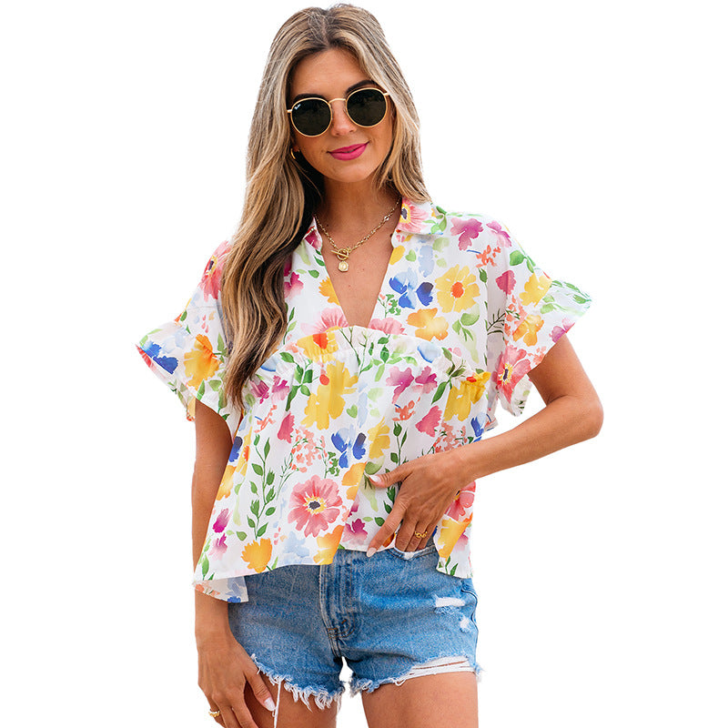 European And American Fashion Floral Printed V-neck Pullover