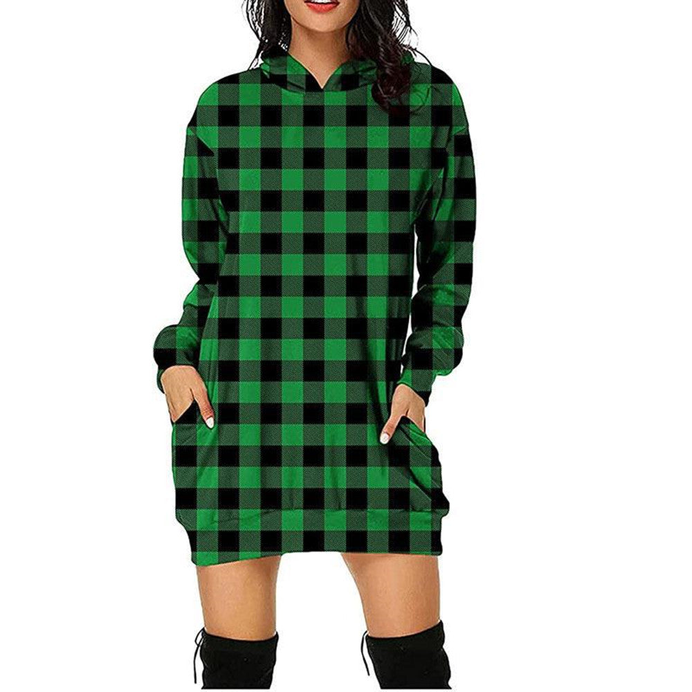 Printed Plaid Mid Length Hooded Long Sleeve Sweatshirt Women's