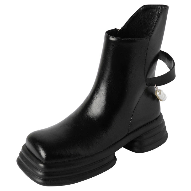 Platform Oblique Mouth Pearl Chain Women's Boots