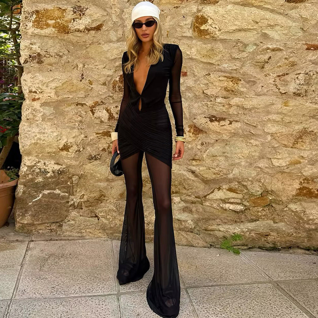 Deep-V Mesh-panel Cross-over Bodycon Sheer Jumpsuit