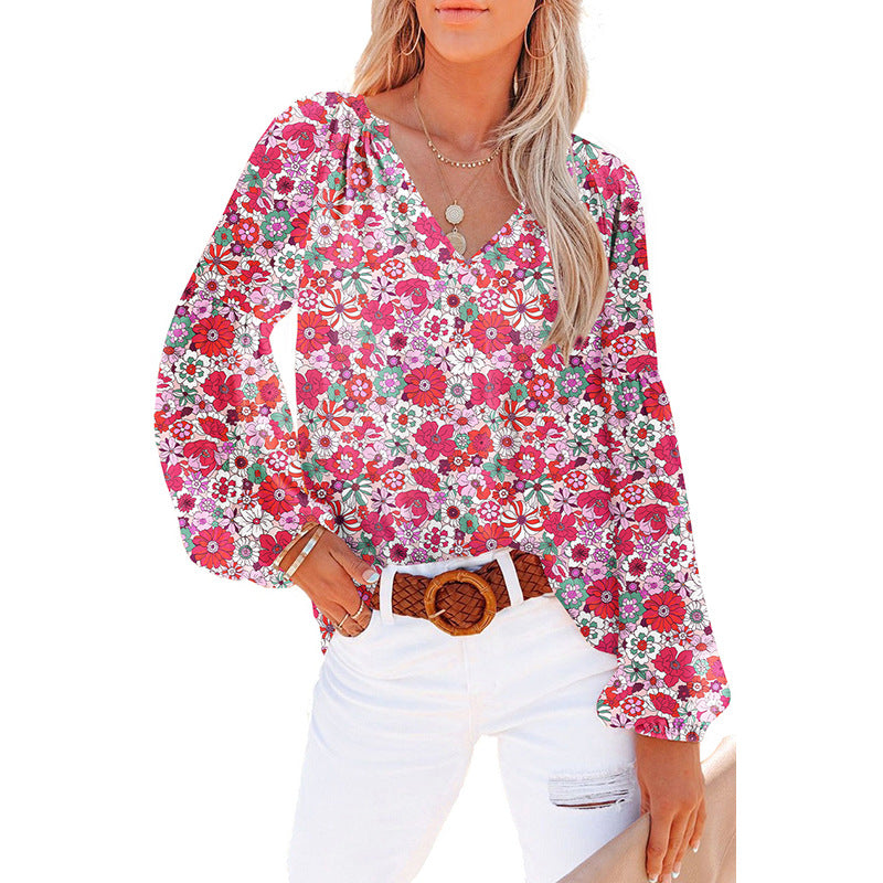Dames Floral Chiffon Skjorte Løs V-hals Casual Top