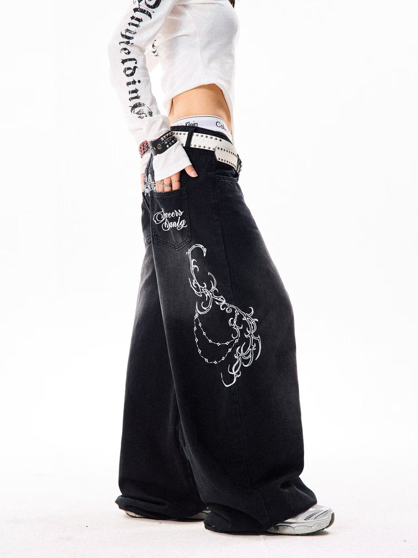 Womens Embroidered Patchwork Casual Straight-Leg Pants