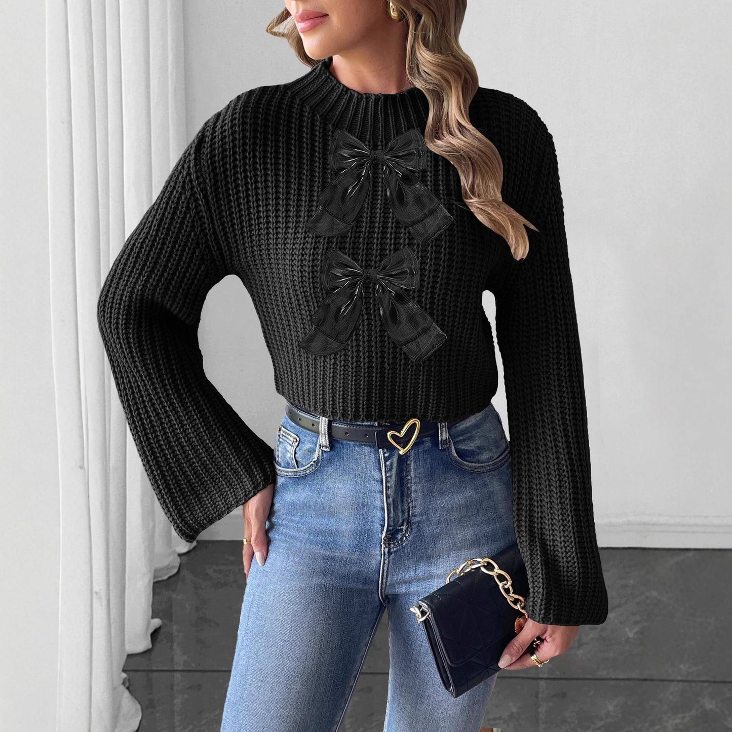 Ladies Bow Patchwork Flared Sleeves Mock Neck Sweater