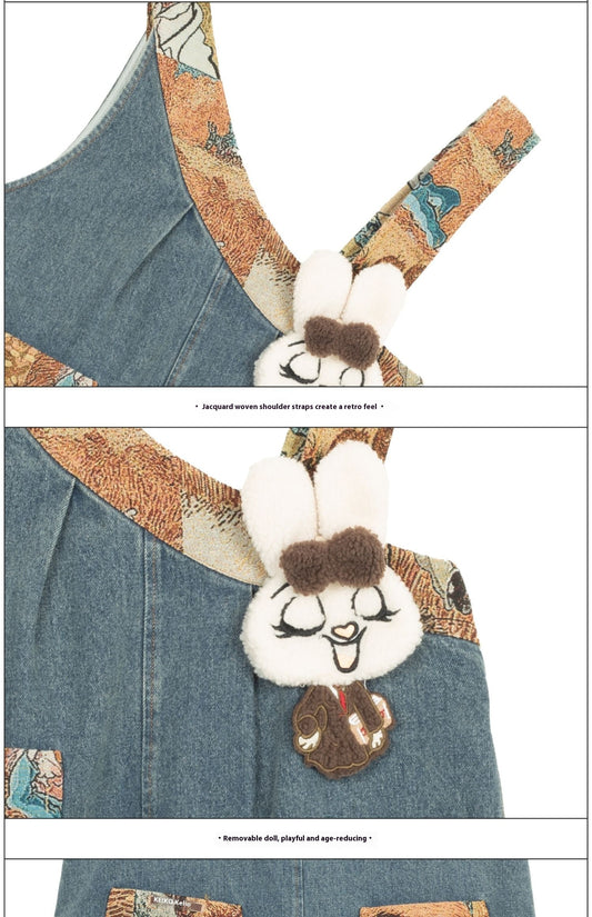 Girl Like Jacquard Patchwork Shoulder Strap Jeans