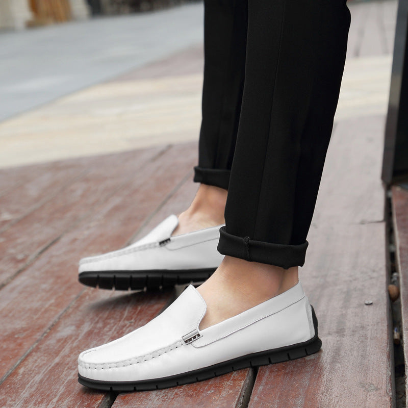 First Layer Cowhide White Flat Peas Shoes Soft Leather