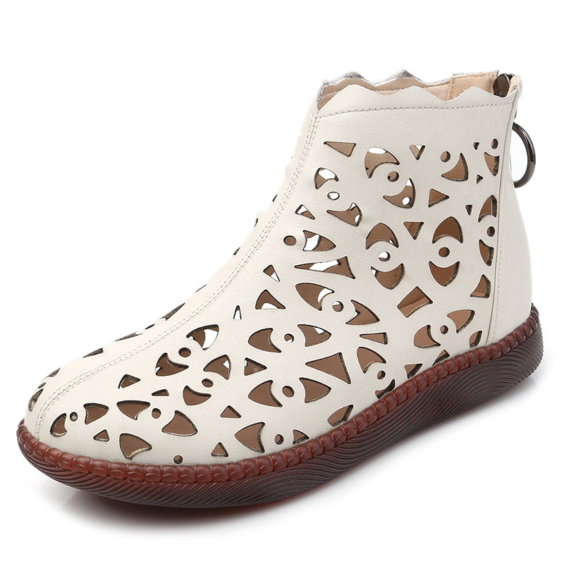 Middle-aged Cowhide Ethnic Style Round Toe Large Size Ankle Boots