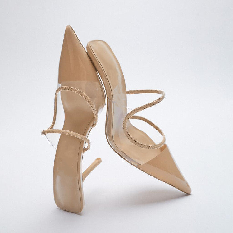 Beige Transparent Pointed Temperament High-heeled Muller Sandals All-match Fashion Stiletto Shoes