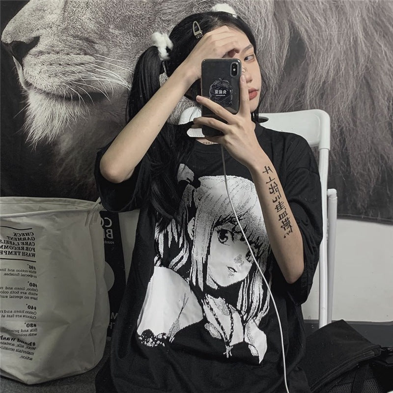 Loose Mid-length Cartoon Print Short Sleeves