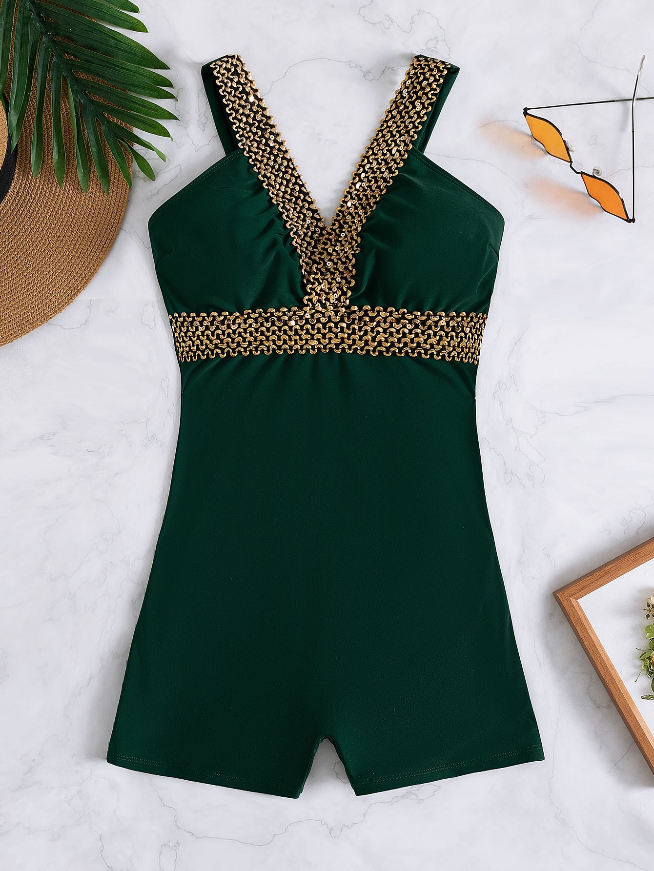 Sexy Solid-Color High-Cut Backless One-Piece Swimsuit With A Deep V-Neck