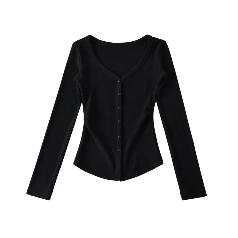 Macaron-colored V-neck Button-front Waist-cinching Top With Long Sleeves