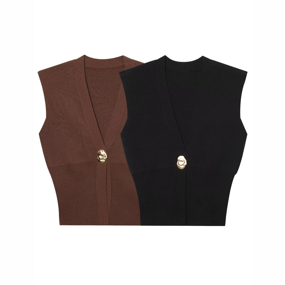 V-neck Knitted Vest Top With One Button