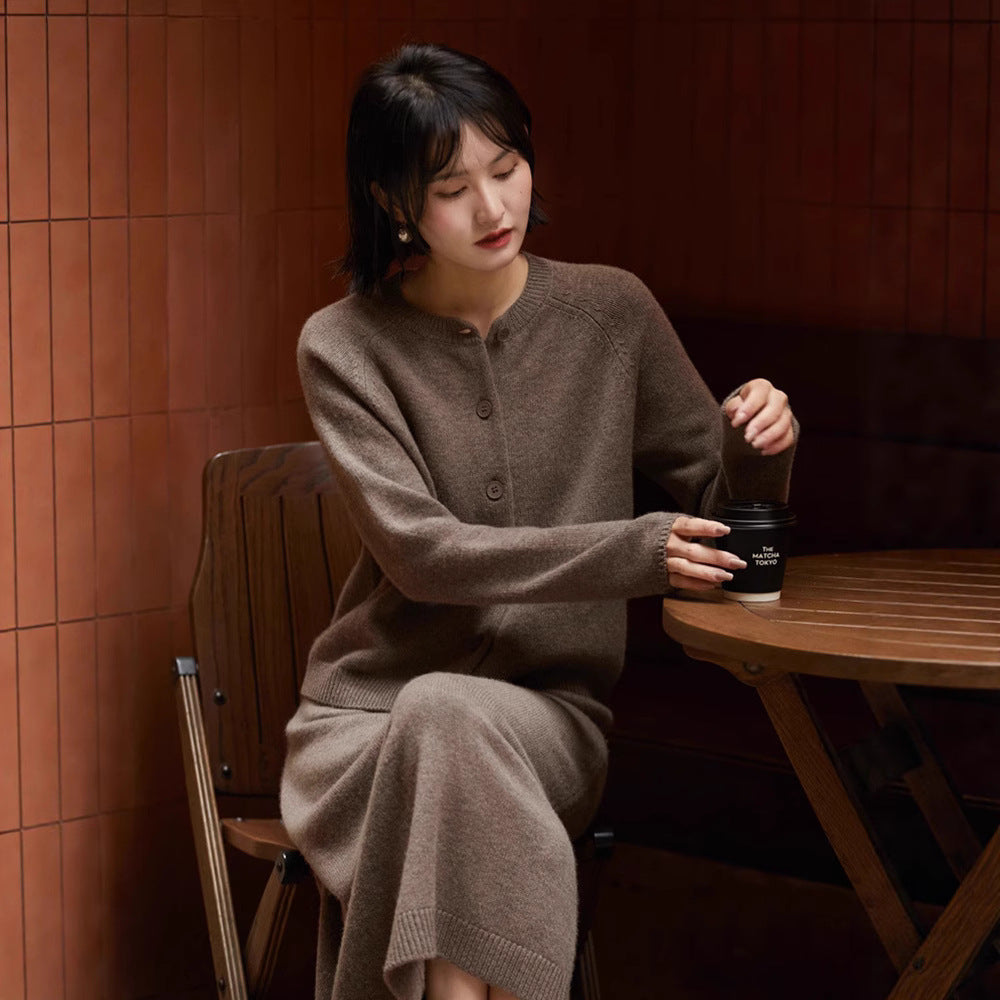 High-grade Temperament Crew Neck Wool Knit Cardigan Suit Skirt Women's Loose Two-piece Suit Sweater Cardigan Skirt