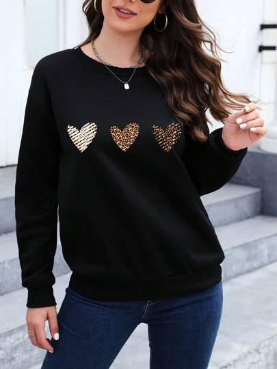 Essnce Leopard Heart Print Drop Shoulder Sweatshirt
