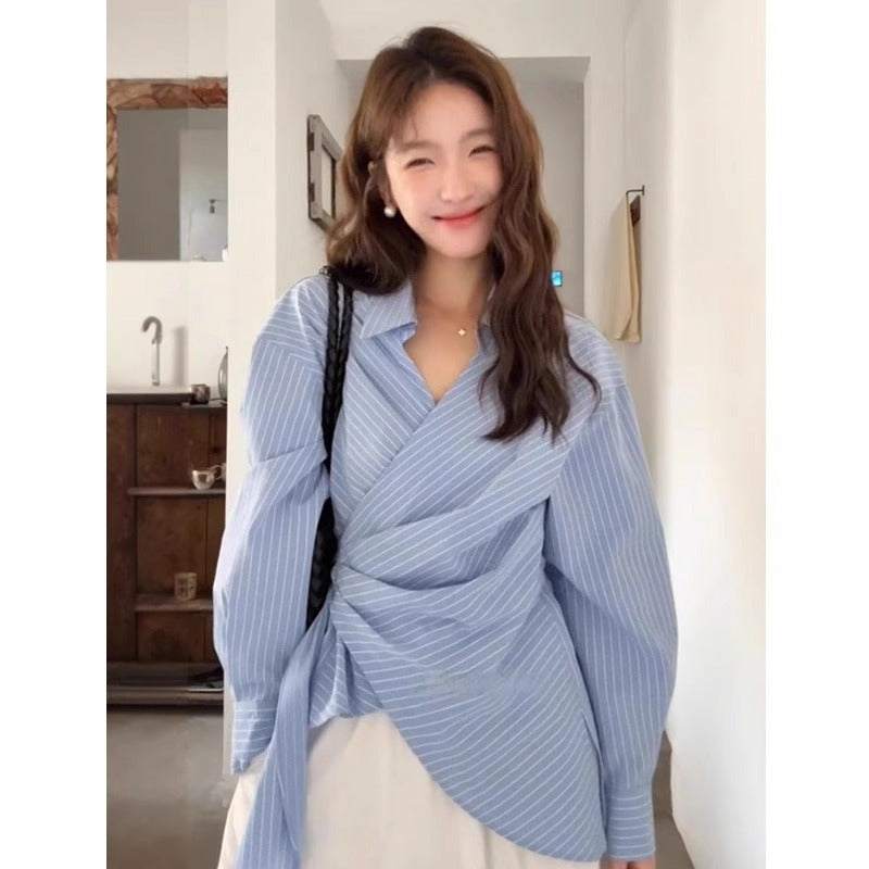 Korean-style Designer Belted Striped Shirt With A Cinched Waist